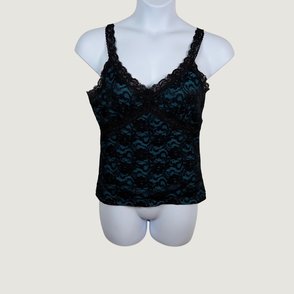 INC International Concepts Large Teal Black Floral Lace Camisole Top Vtg 90s